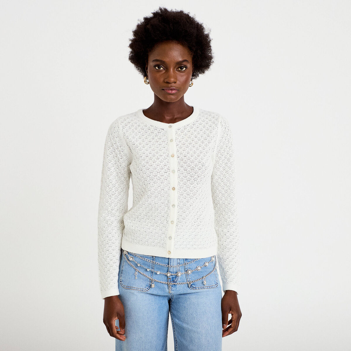 Gilet ajour&eacute; manches longues dentelle ecru femme