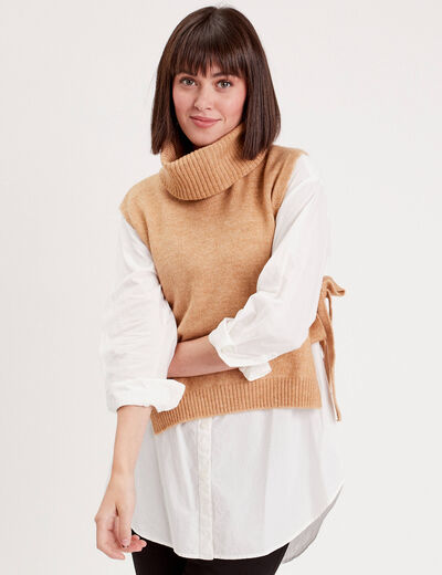 Pull sans manches col roulé beige femme