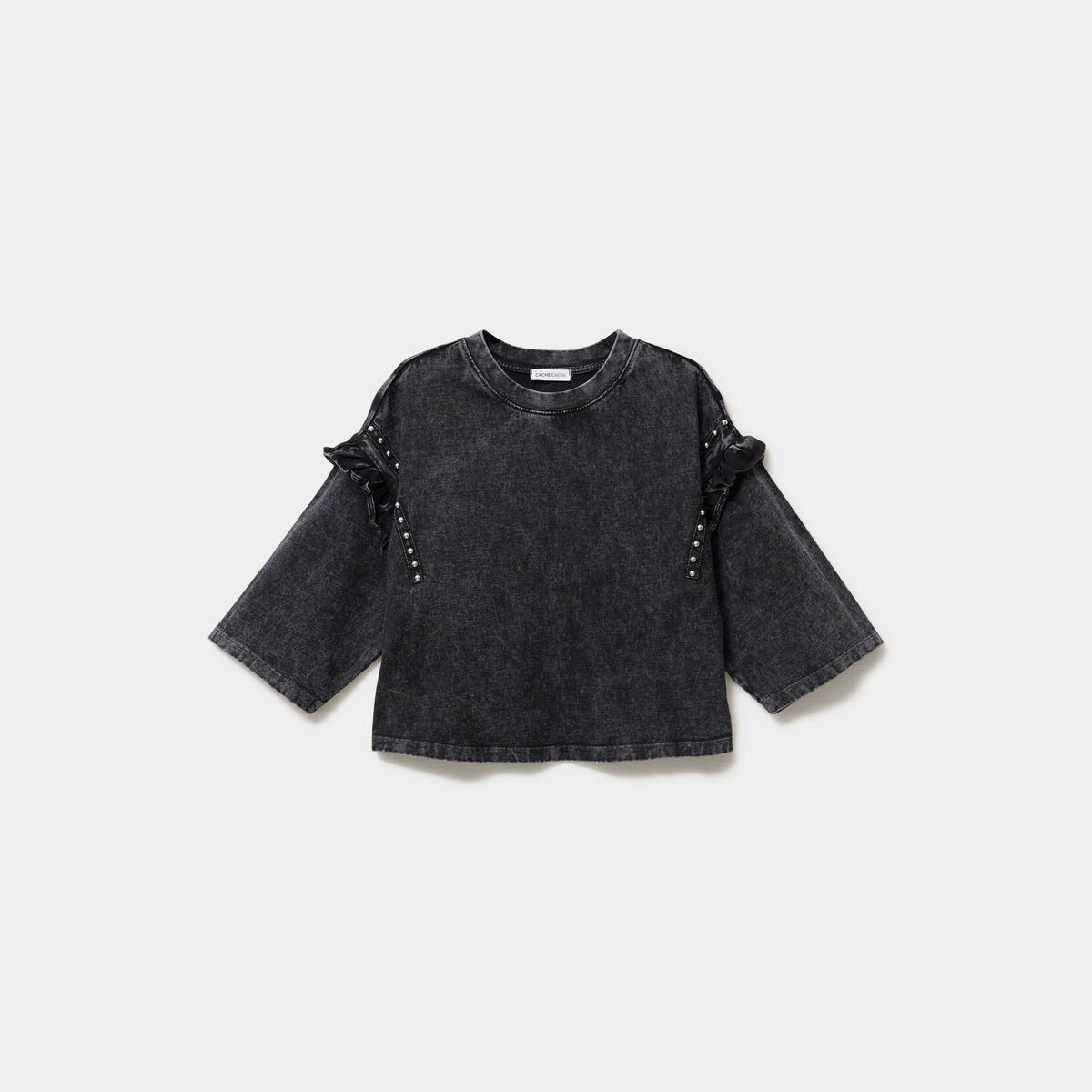 T-shirt oversize court manches longues gris fonc&eacute; femme