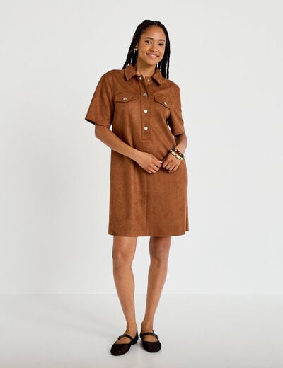 Robe droite 3/4 manches courtes daim marron femme