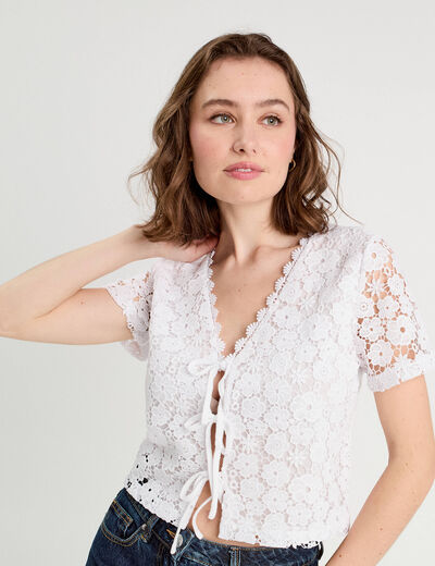 T-shirt noué dentelle guipure blanc femme