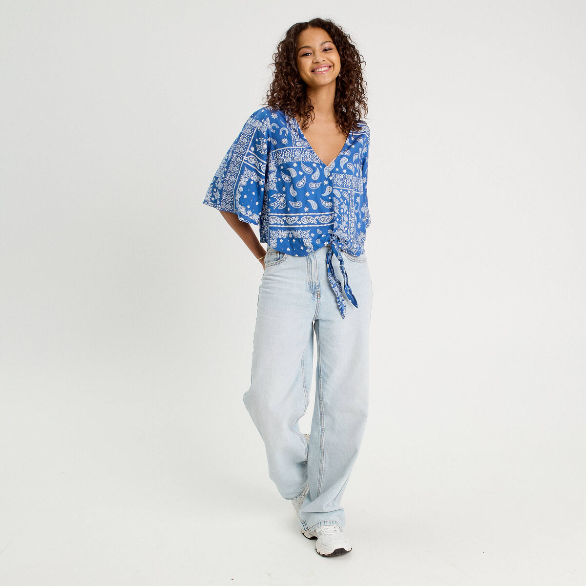 Blouse nouée manches 3/4 bleu femme