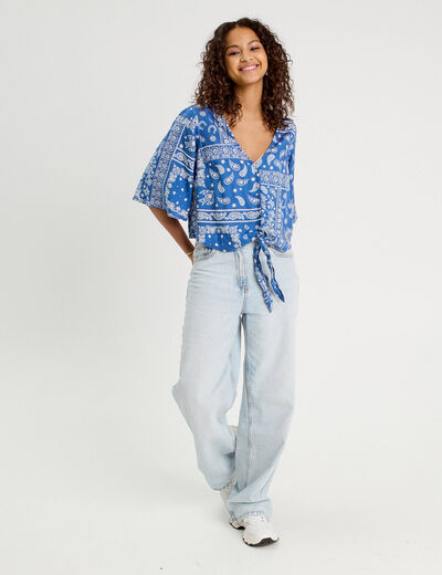 Blouse nouée manches 3/4 bleu femme