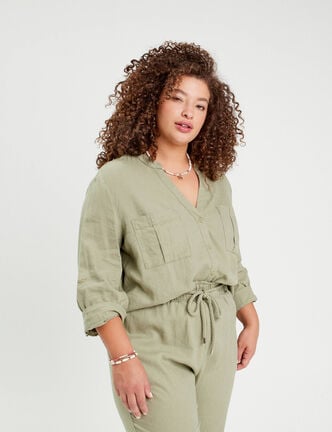 Chemise manches 3/4 contenant du lin vert kaki femme