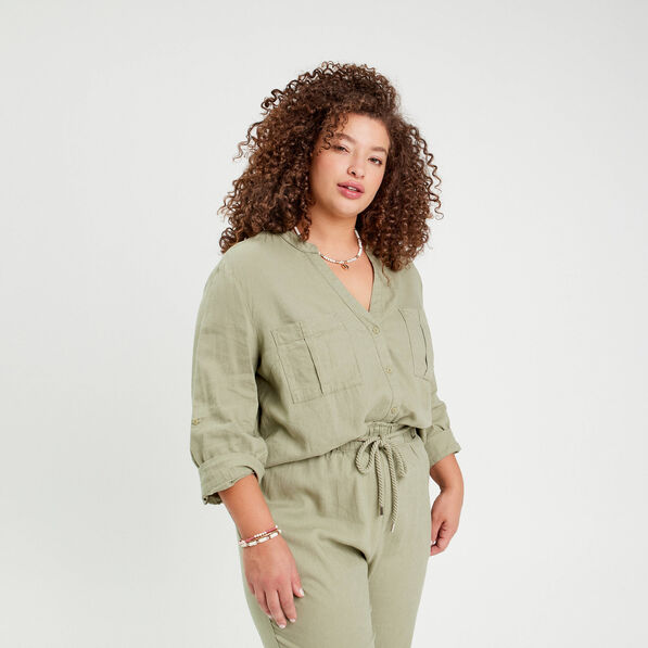 Chemise manches 3/4 contenant du lin vert kaki femme