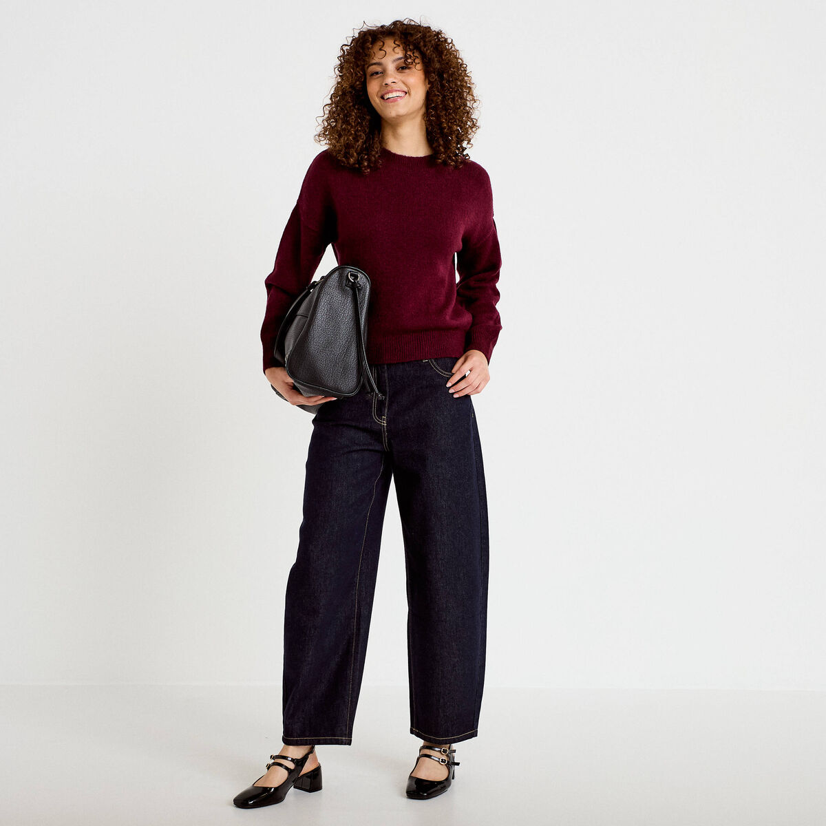 Pull col rond manches longues bordeaux femme