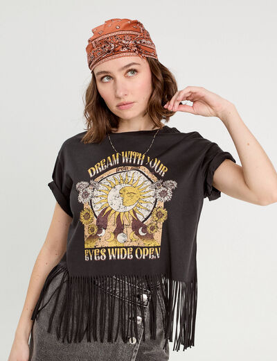 T-shirt avec franges noir femme