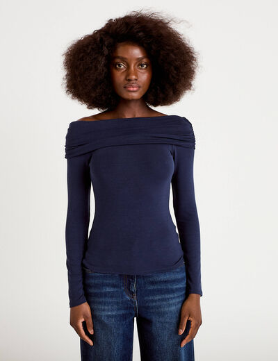 T-shirt col bardot manches longues bleu marine femme