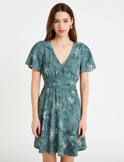 Robe courte &eacute;vas&eacute;e col v manches courtes bleu femme