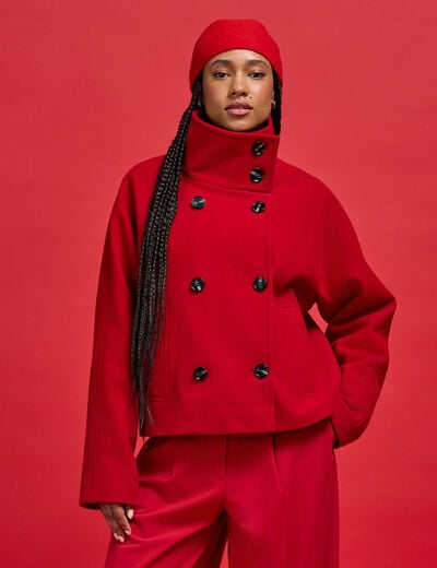 Veste chin&eacute;e col montant manches longues rouge femme