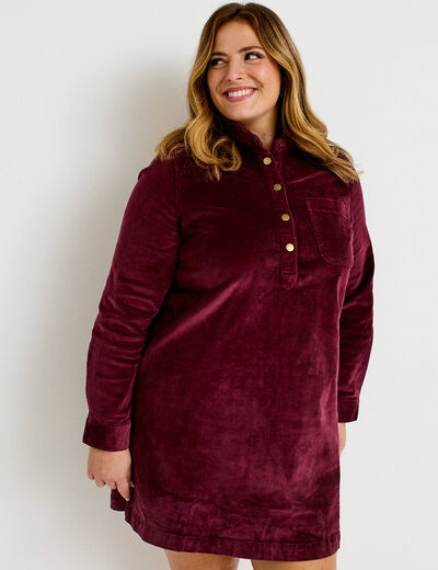 Robe droite velours col montant bordeaux femme