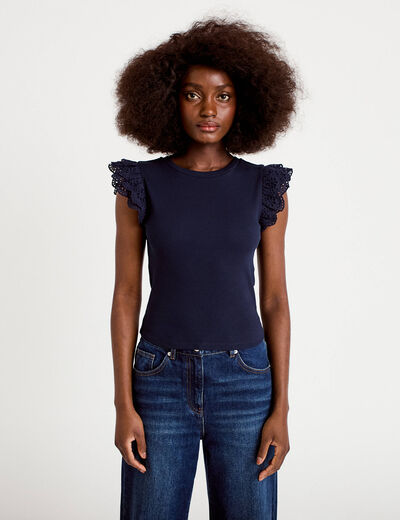 D&eacute;bardeur volants brod&eacute;s bleu marine femme