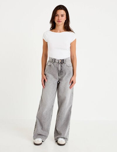 Jean wide leg taille haute Petite denim gris femme