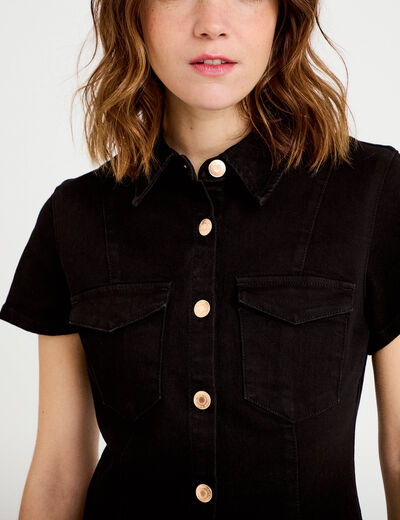 Robe courte trap&egrave;ze en jean col chemise noir femme