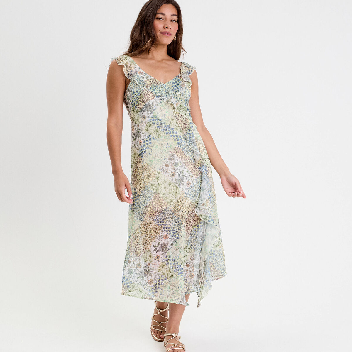 Robe longue évasée volants blanc femme