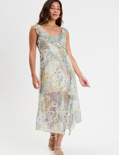 Robe longue évasée volants blanc femme