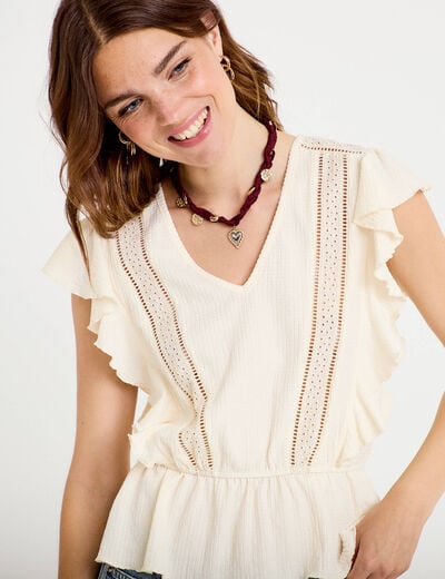 Blouse col rond manches courtes dentelle ecru femme