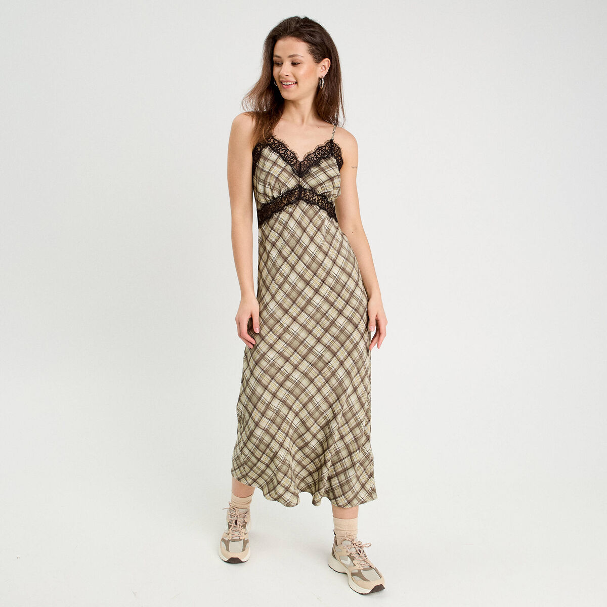 Robe longue droite bretelles vert kaki femme