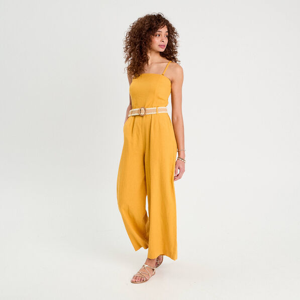 Combinaison pantalon bretelles avec lin jaune citron femme