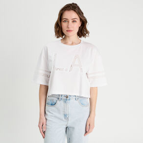 T-shirt cropped brodé blanc femme