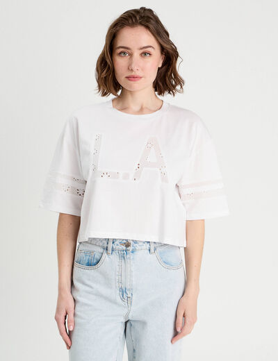 T-shirt cropped brodé blanc femme