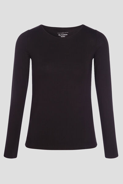 T-shirt uni à manches longues noir femme