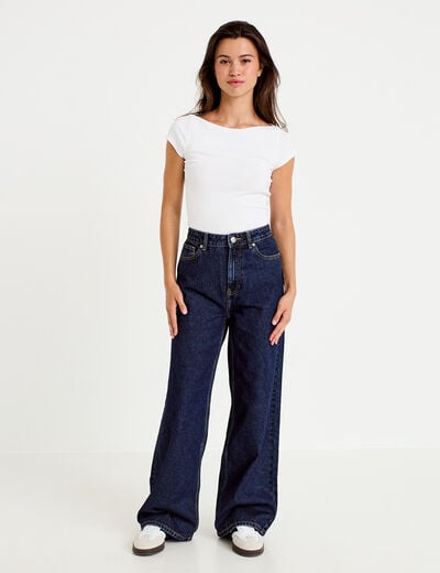 Jean wide leg taille haute Petite denim blue black femme