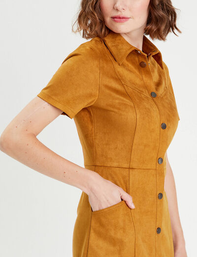 Robe droite boutonnée suédine camel femme