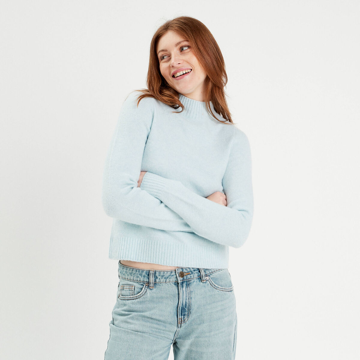 Pull col montant bleu pastel femme