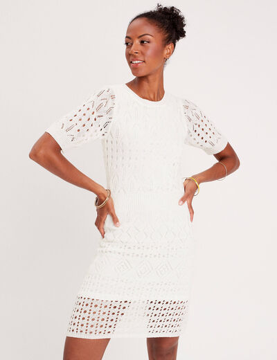 Robe pull évasée ajourée ecru femme