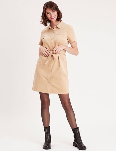 Robe droite velours ceinturée ecru femme