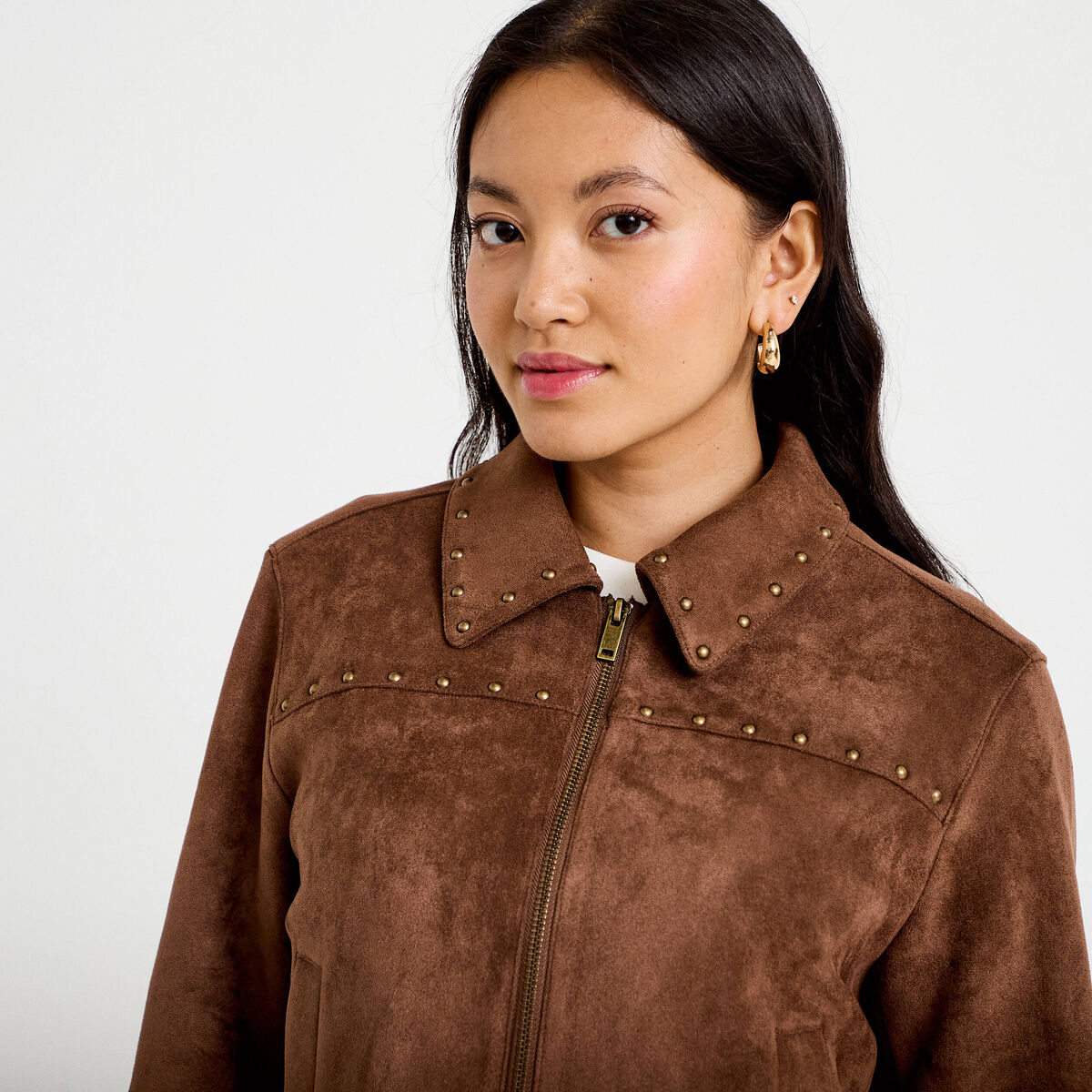 Veste droite cropped col tailleur marron femme