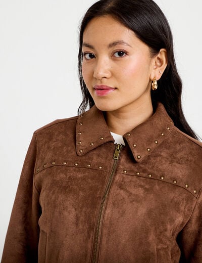 Veste droite cropped col tailleur marron femme