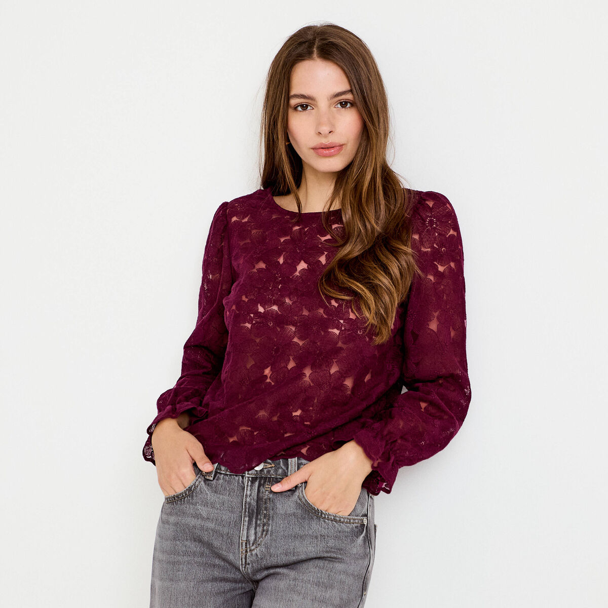 Blouse droite col v en dentelle prune femme