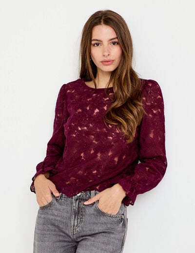 Blouse droite col v en dentelle prune femme