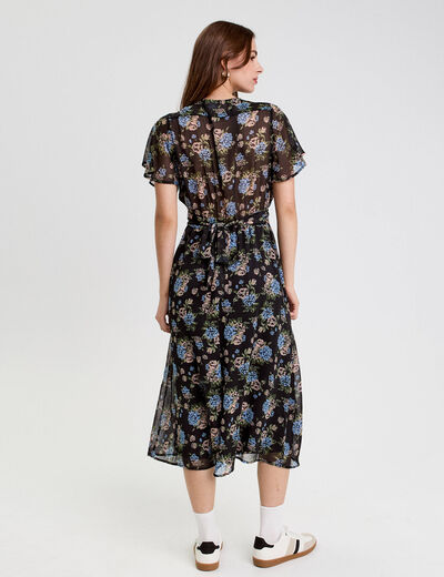 Robe évasée col v manches courtes noir femme