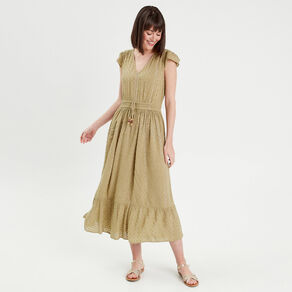 Robe longue évasée plumetis vert pastel femme