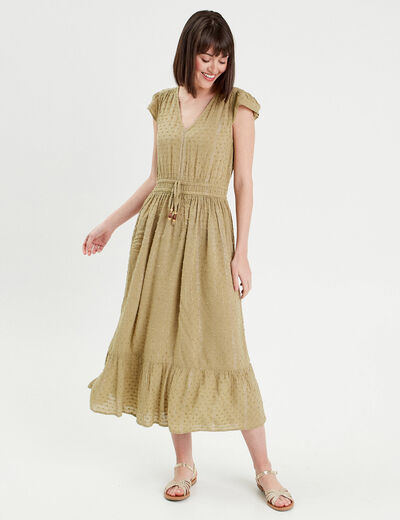 Robe longue évasée plumetis vert pastel femme