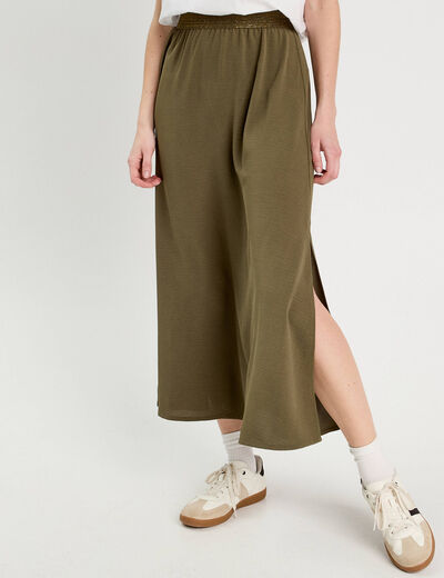 Jupe longue évasée fluide vert kaki femme