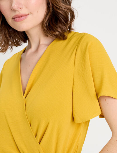 Blouse smockée manches courtes jaune citron femme