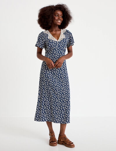 Robe longue &eacute;vas&eacute;e col v dentelle bleu marine femme