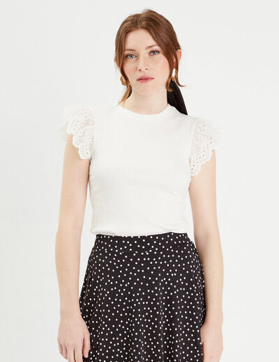 T-shirt manches courtes côtelé ecru femme