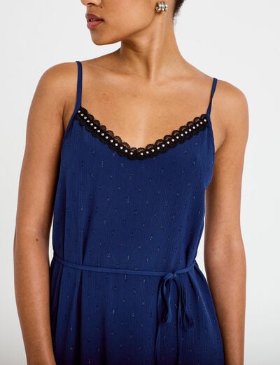 Robe longue &eacute;vas&eacute;e col v dentelle bleu marine femme