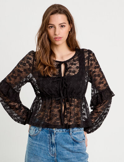 Blouse manches longues noeuds noir femme