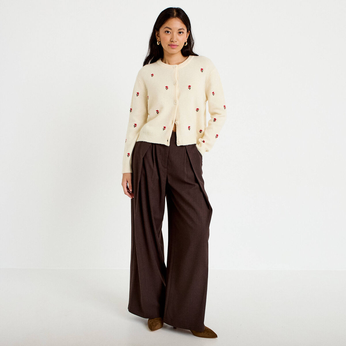 Pantalon bootcut taille haute chin&eacute; marron femme