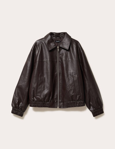 Bomber oversize similicuir col chemise marron foncé femme