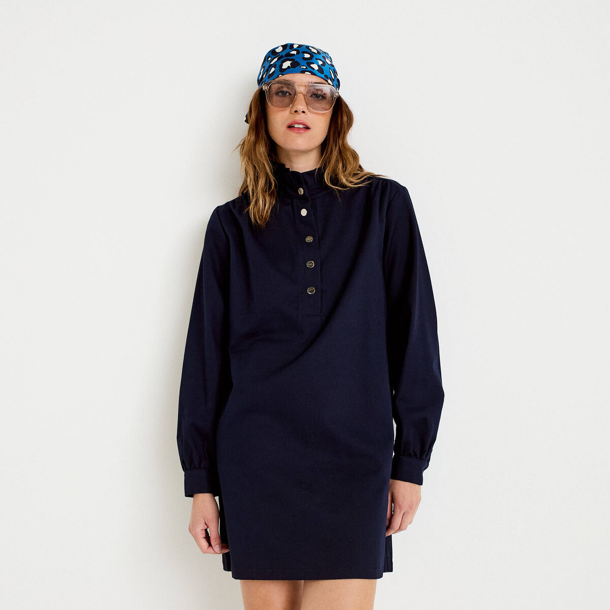 Robe droite col chemise manches longues bleu marine femme