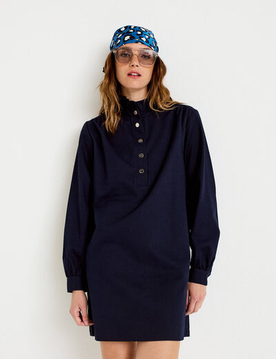 Robe droite col chemise manches longues bleu marine femme