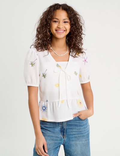 Blouse nouée brodée blanc femme