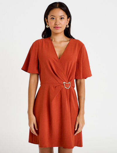 Robe courte &eacute;vas&eacute;e col v manches courtes orange fonc&eacute; femme